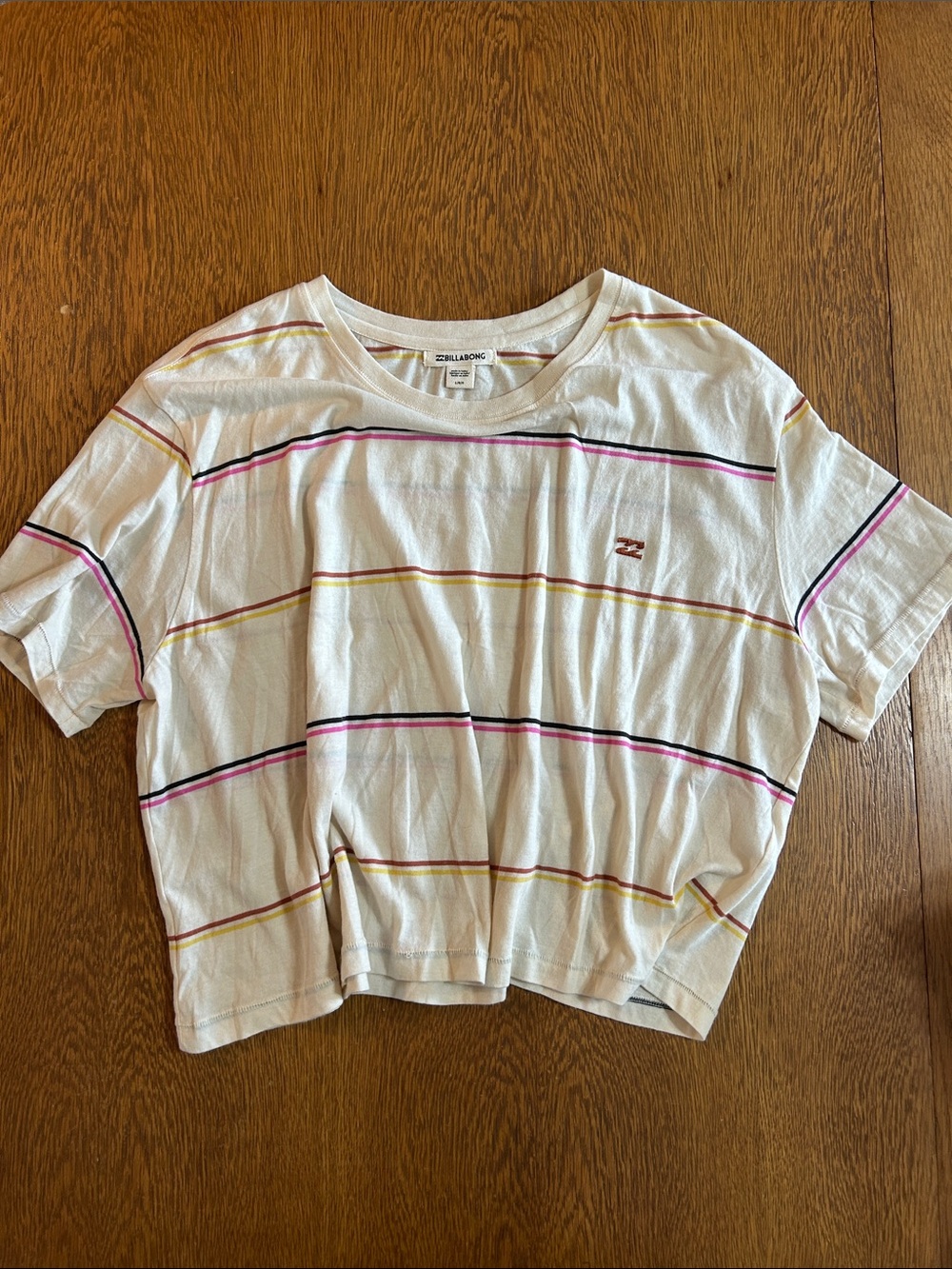 Billabong White Crop Tee with Pink and Yellow Stripes